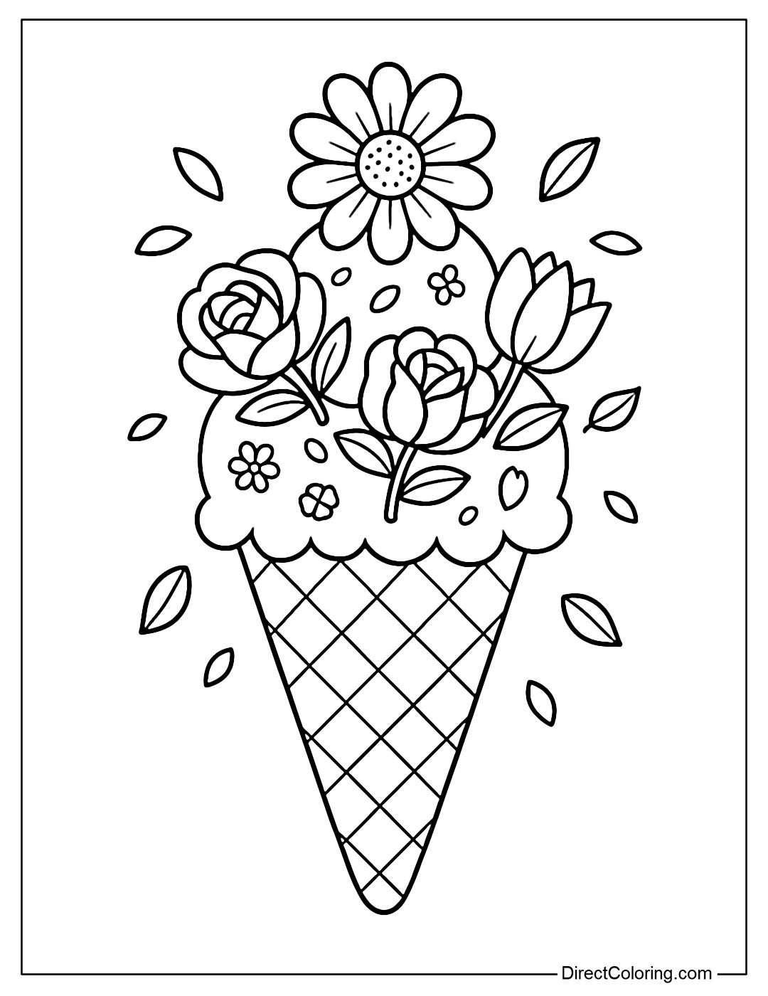 Cute three-scoop ice cream cone coloring page with each scoop blooming with flowers like daisies, roses, and tulips.